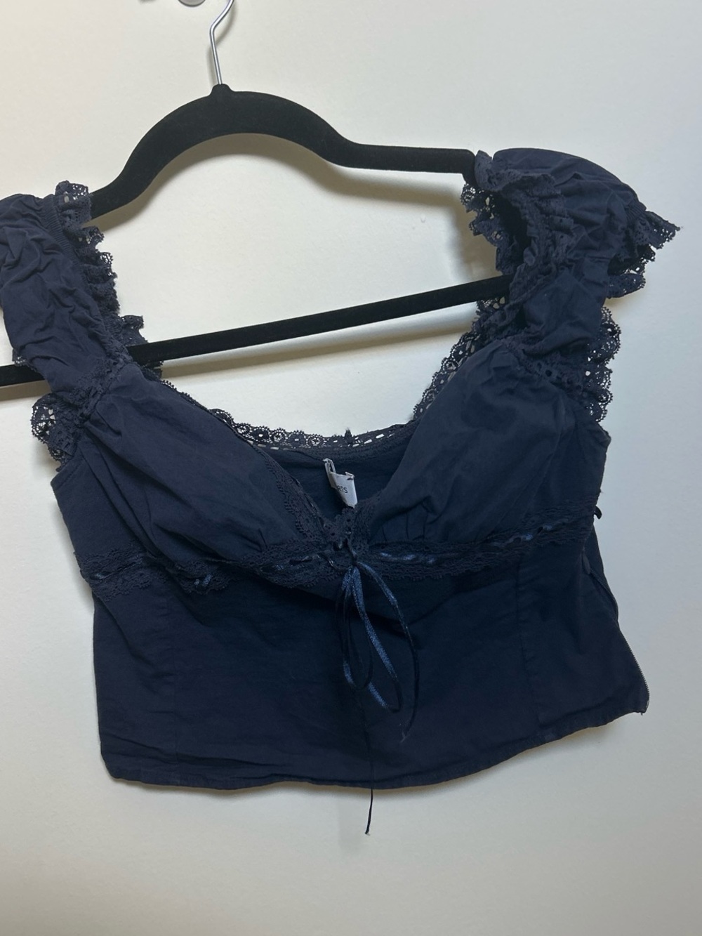 La Hearts Navy Lace-Trim Tie-Front Crop Top